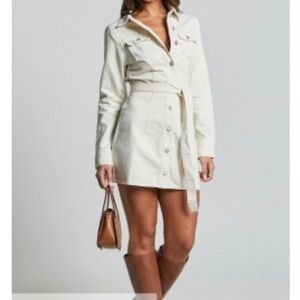 Tailored Cream Button-Front Shirt Dress with Waist Tie